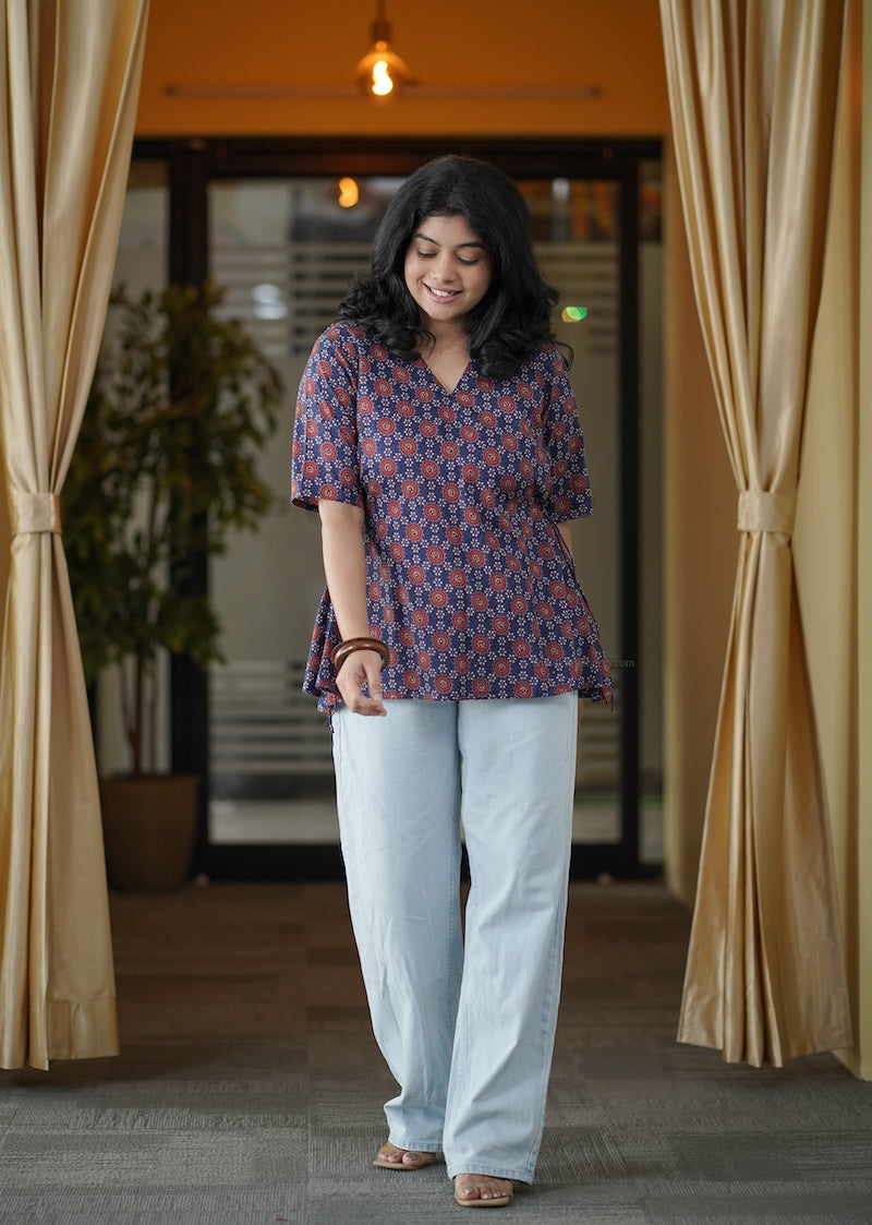 blue printed a-line short kurti