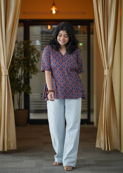 Blue Printed A-line Short Kurti