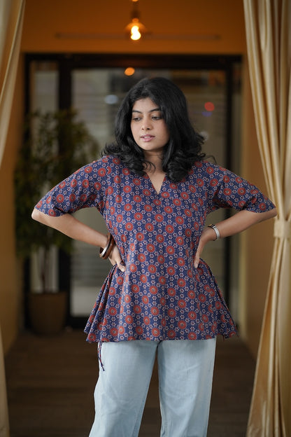 Blue Printed A-line Short Kurti