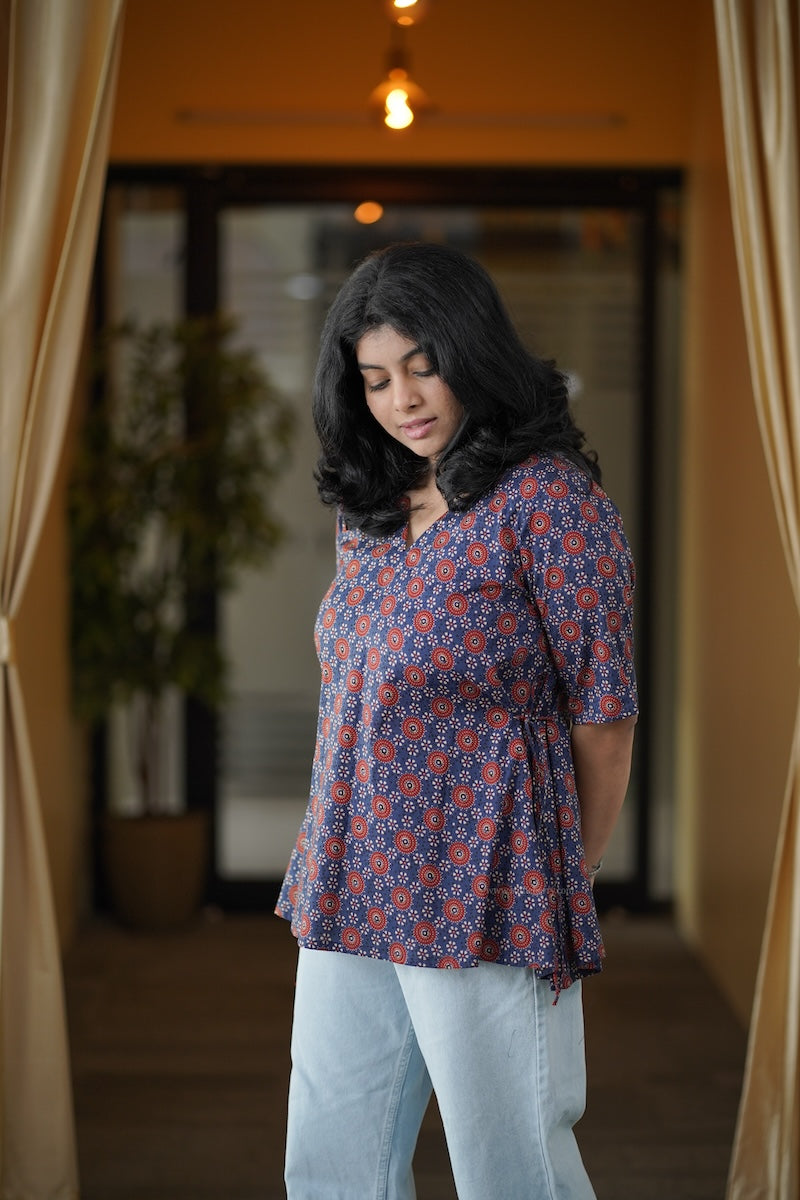 blue printed a-line short kurti