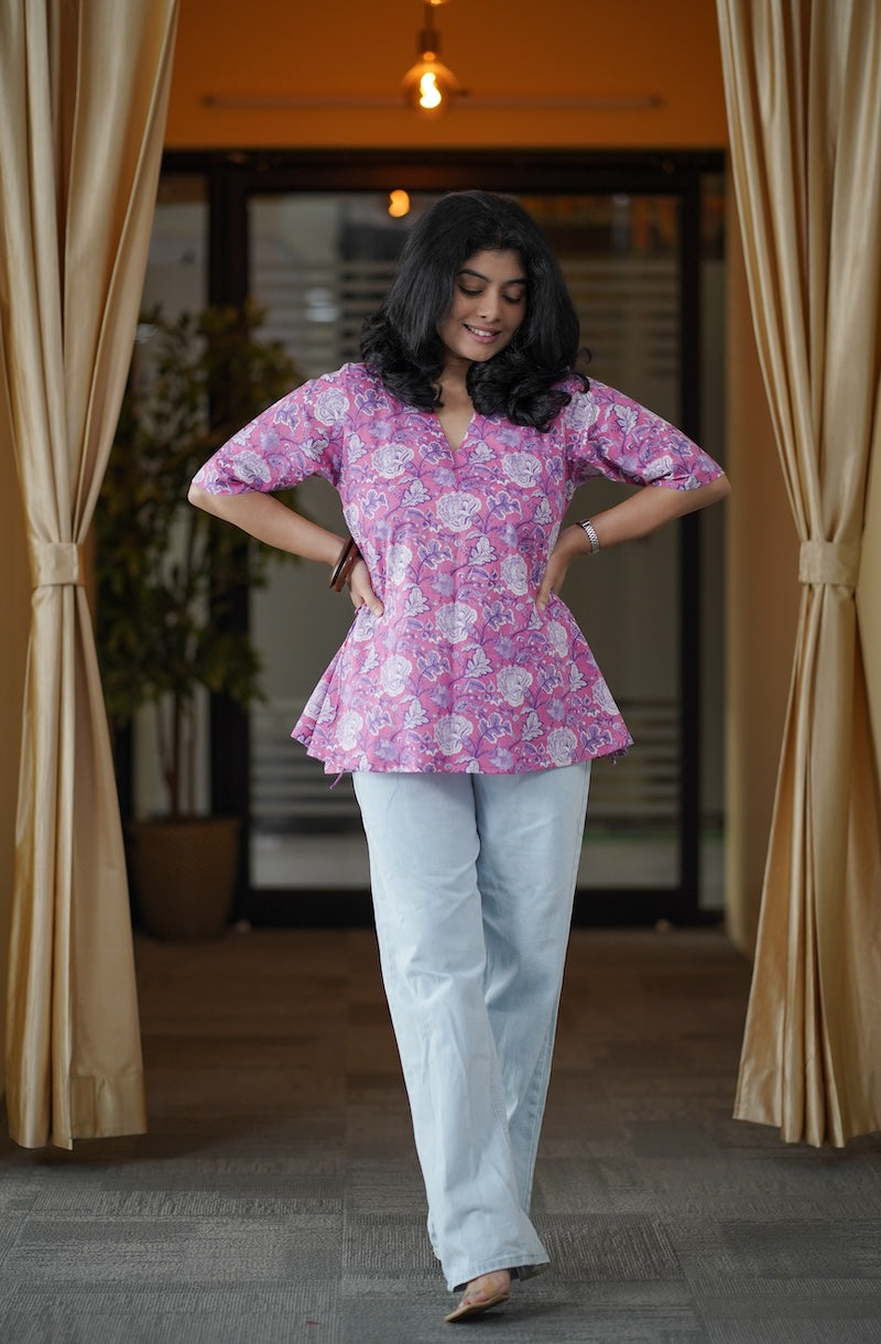 pink floral a-line short kurti