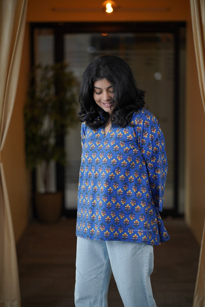 Blue Motif A-line Short Kurti