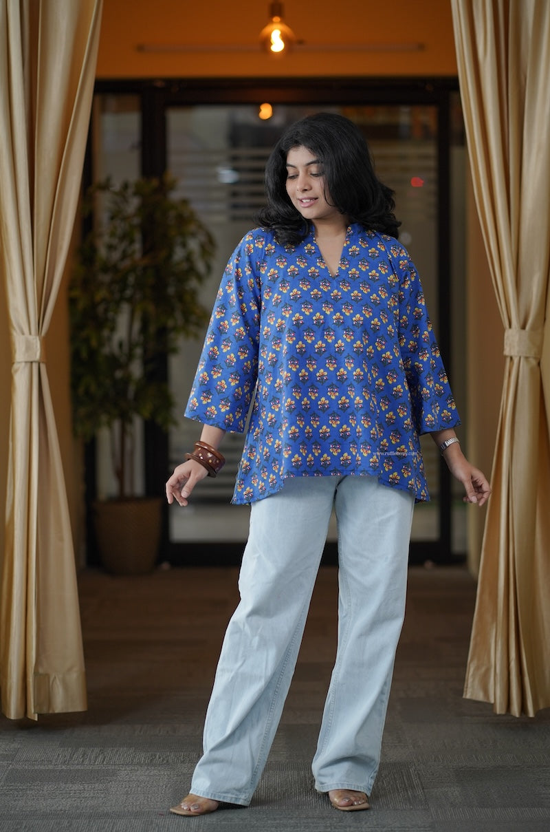 blue motif a-line short kurti