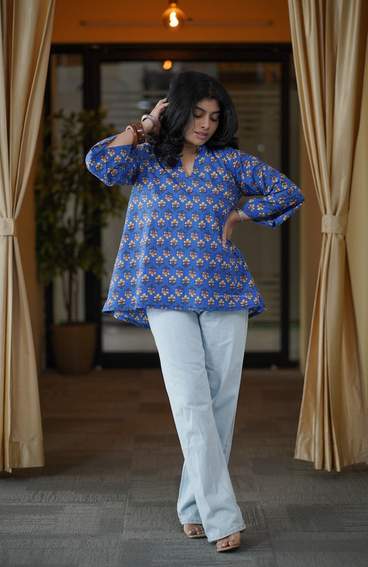 Blue Motif A-line Short Kurti