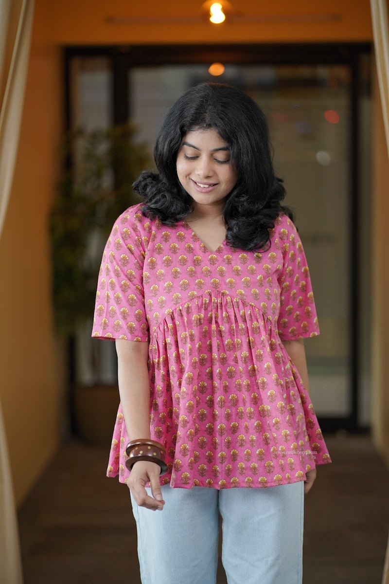 pink motifs alia cut short kurti