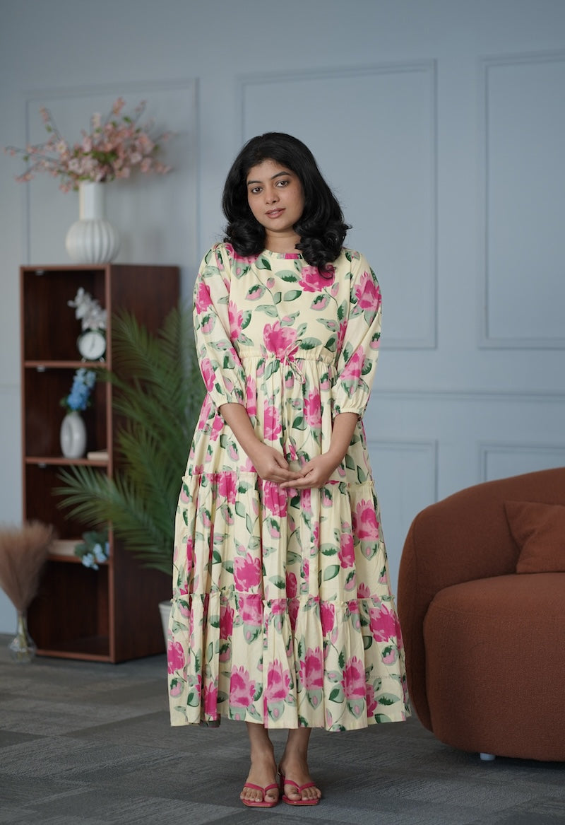 garden butter yellow cotton tier dress