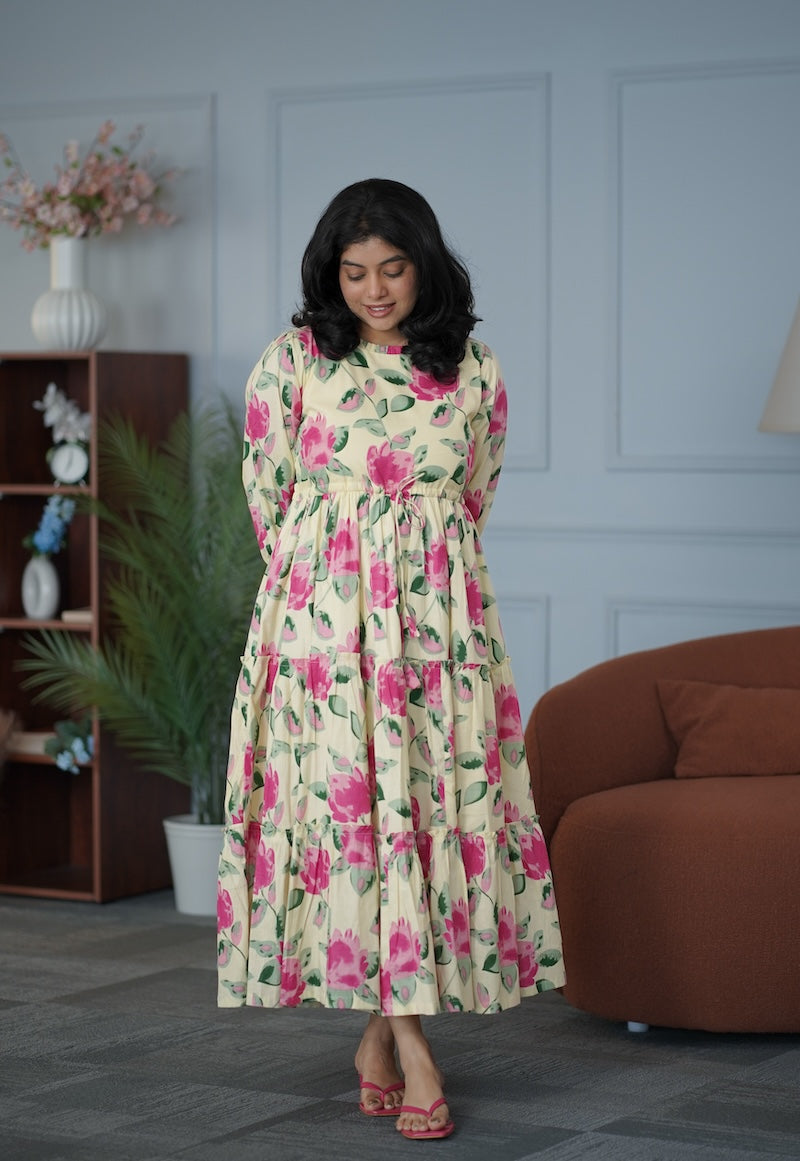 garden butter yellow cotton tier dress