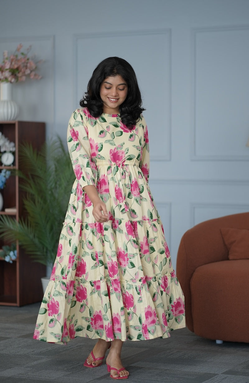 garden butter yellow cotton tier dress