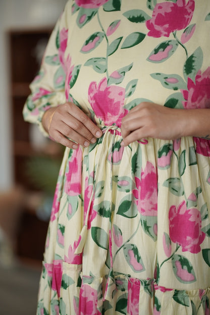 Garden Butter Yellow Cotton Tier Dress