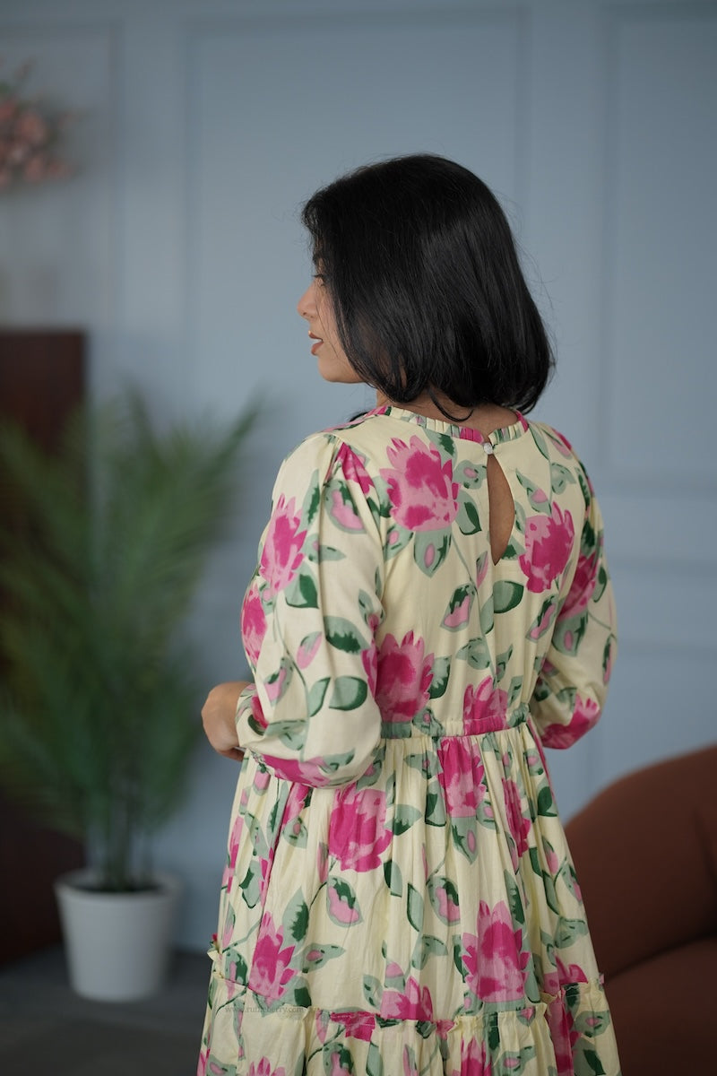 garden butter yellow cotton tier dress