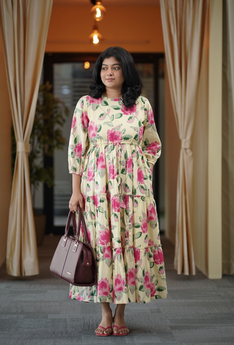 garden butter yellow cotton tier dress