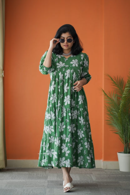 Hazelshine Green Floral Cotton Tier Dress
