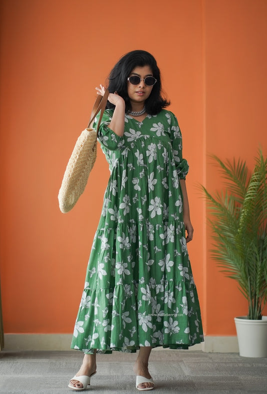 Hazelshine Green Floral Cotton Tier Dress