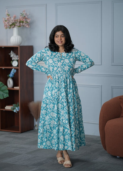 Garden Blue Floral Cotton Tier Dress