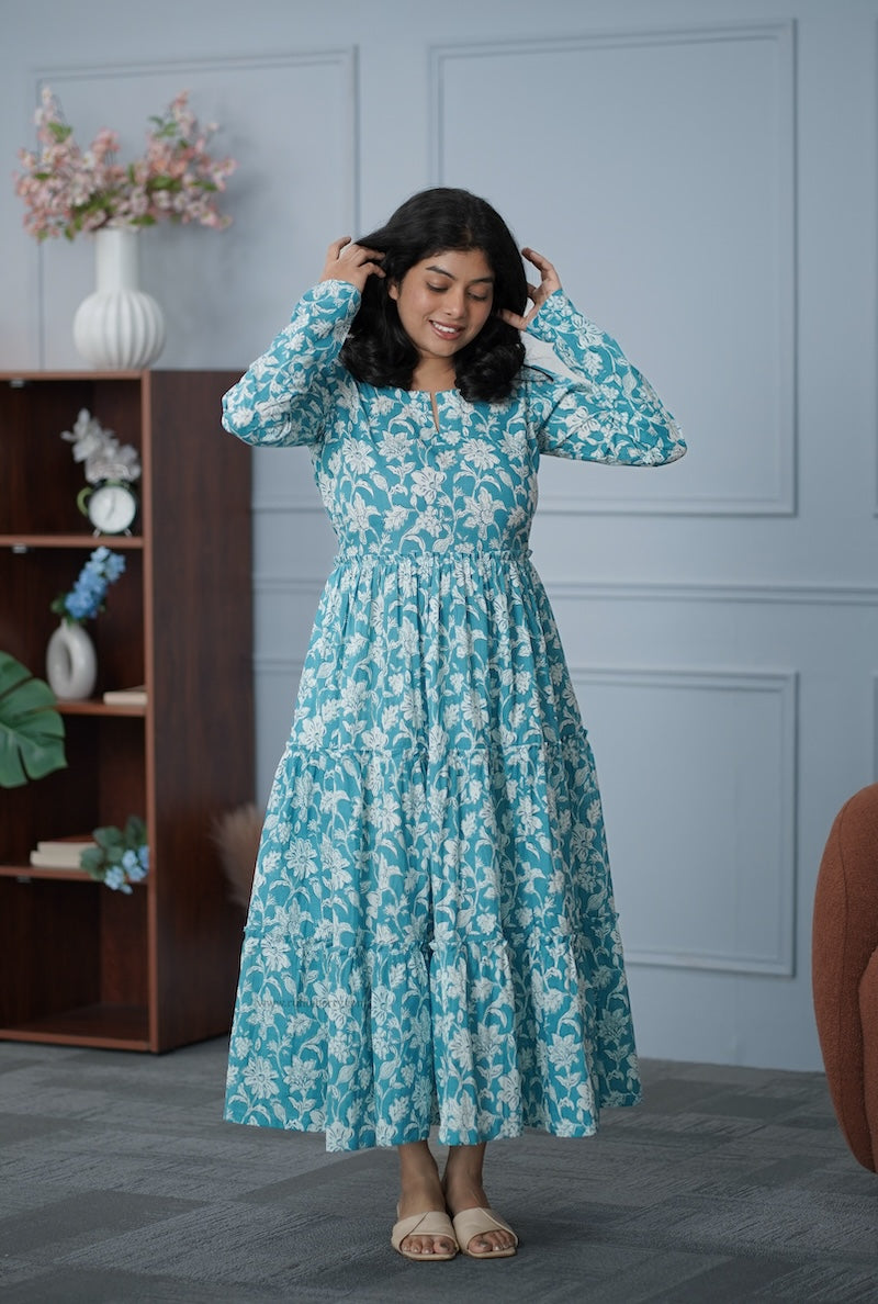 garden blue floral cotton tier dress