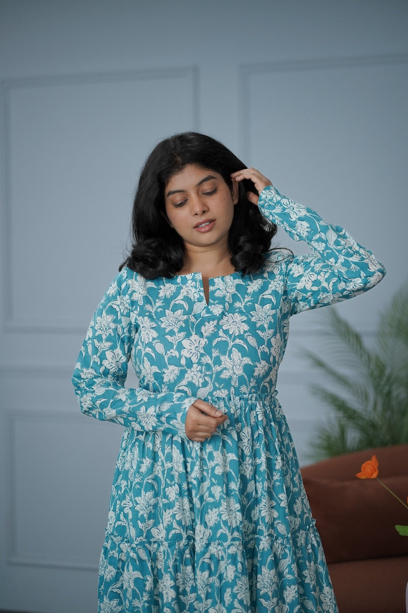 garden blue floral cotton tier dress