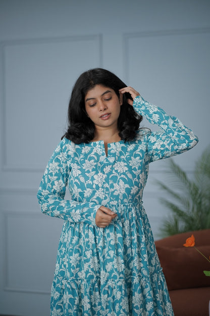 Garden Blue Floral Cotton Tier Dress