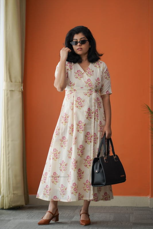 Hazelshine Off-White Cotton Button Wrap Dress