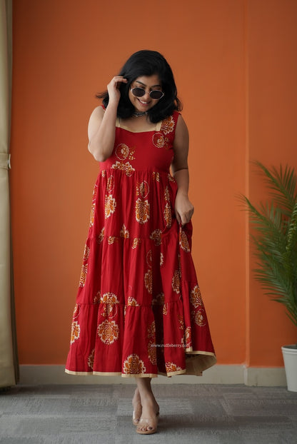 Hazelshine Tomato Red Cotton Tier Dress