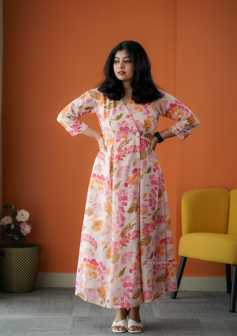 rimjim cream georgette button wrap dress