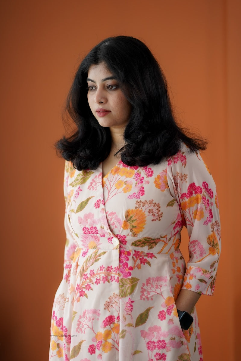 rimjim cream georgette button wrap dress