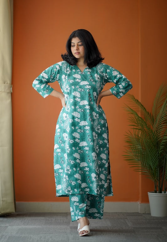 Bloom Green Floral Cotton Co-Ord Set