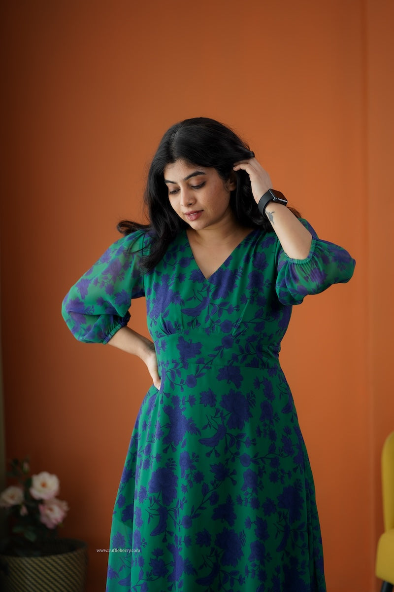 rimjim forest green georgette a-line dress