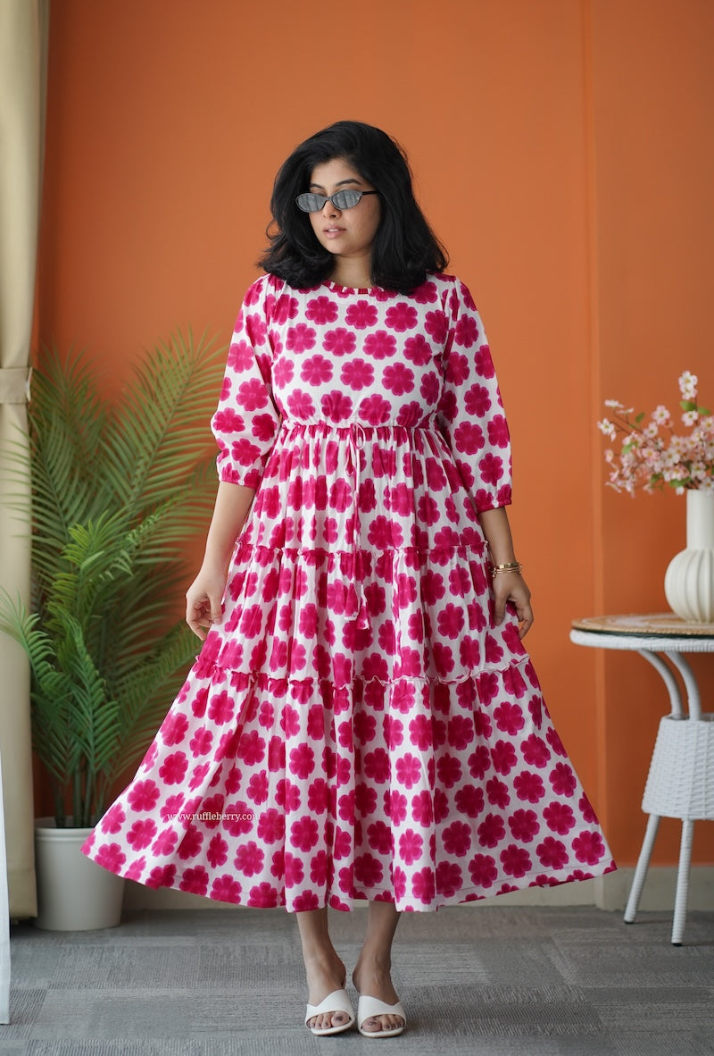 tiered cotton dress Hazelshine Pink Floral Cotton Tier Dress – Ruffleberry