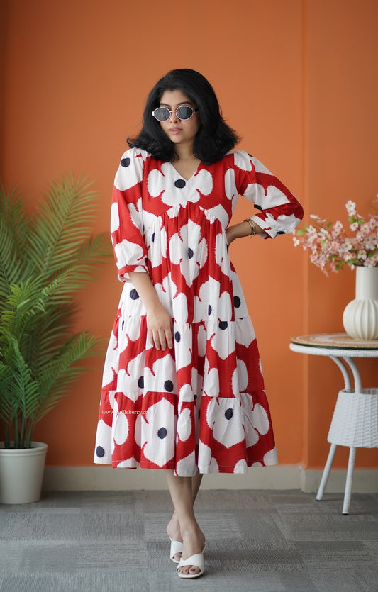 Hazelshine Red Floral Cotton Tier Dress