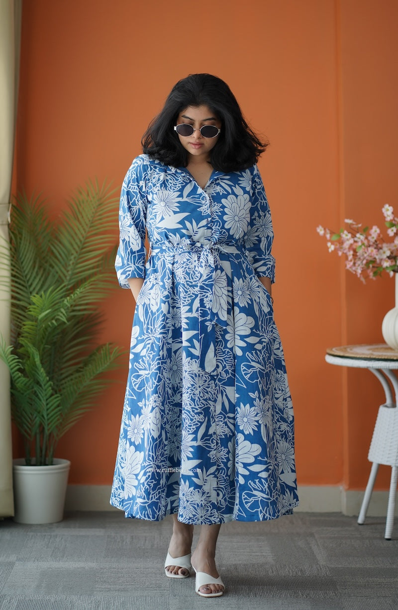 flared shirt dress Hazelshine Blue Cotton Flared Shirt Dress – Ruffleberry