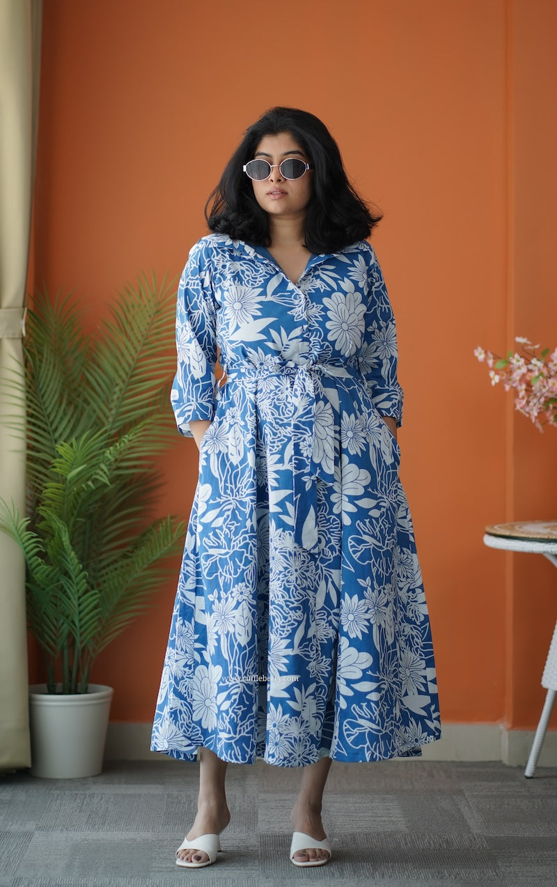 hazelshine blue cotton flared shirt dress