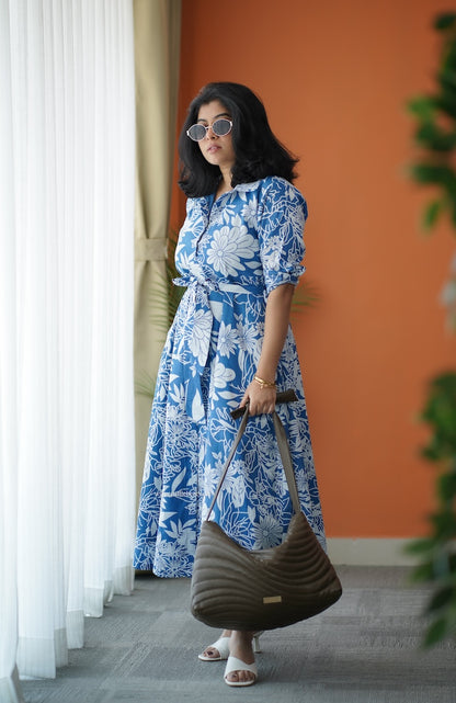 flared shirt dress Blue Cotton Poplin Fit and Flare Short Button-Down Shirt Dress 36