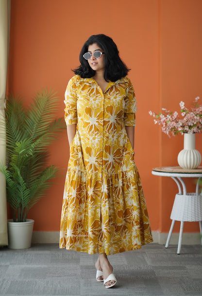 Hazelshine Mustard Cotton Shirt Dress