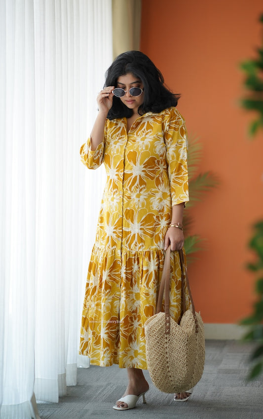 Hazelshine Mustard Cotton Shirt Dress