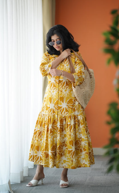 Hazelshine Mustard Cotton Shirt Dress