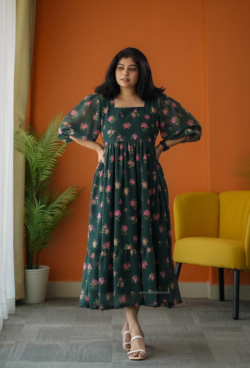 sunburst forest green georgette tier dress