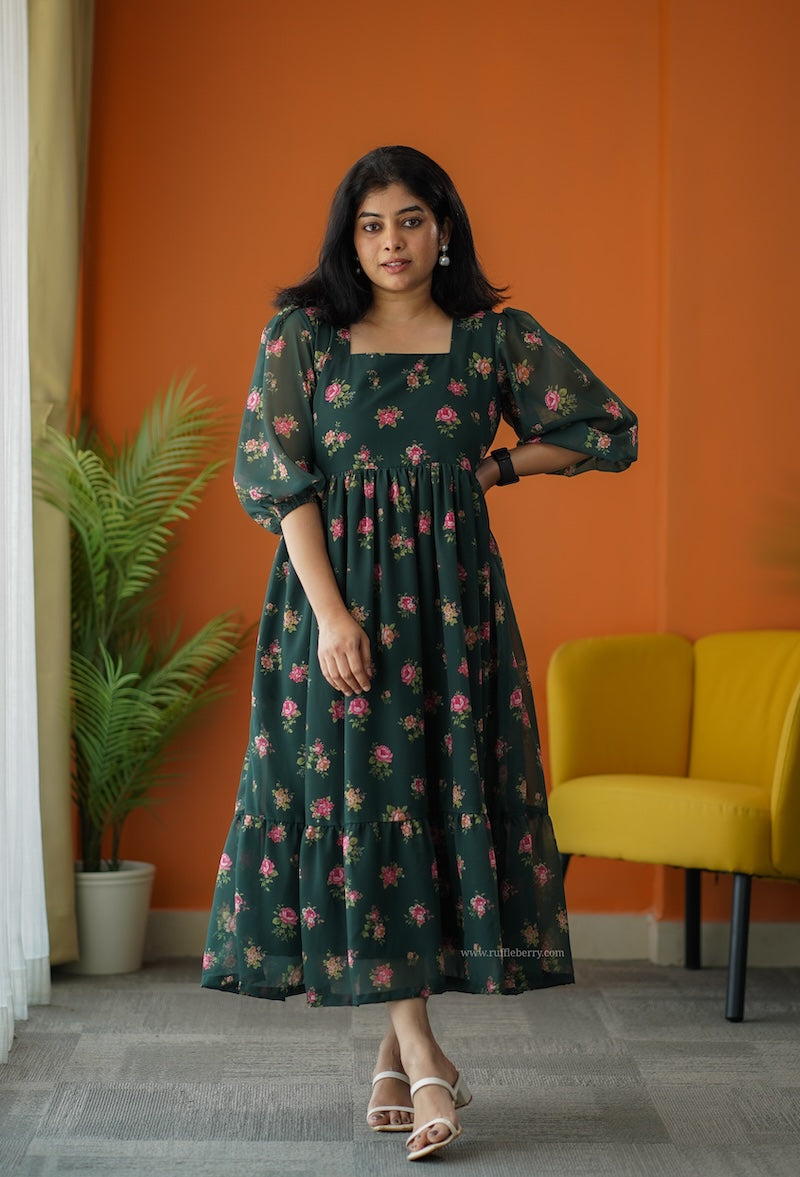 sunburst forest green georgette tier dress