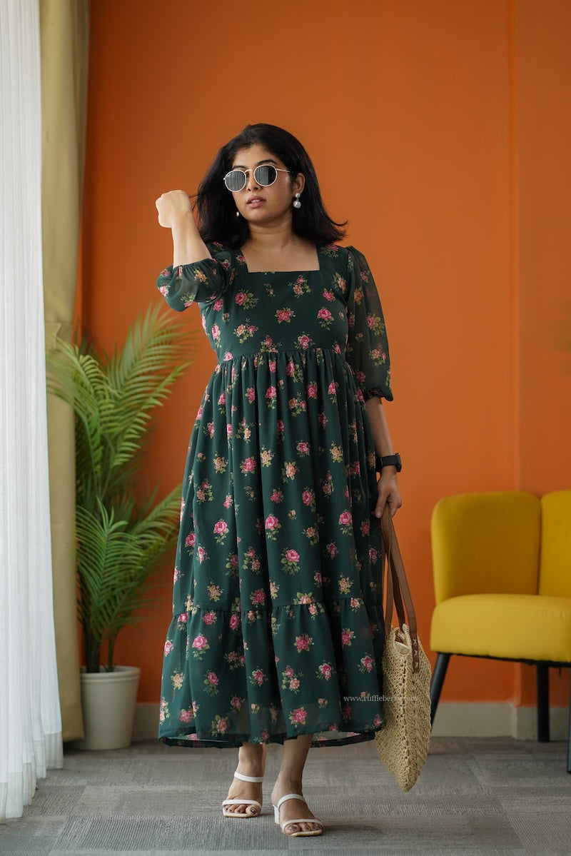 sunburst forest green georgette tier dress