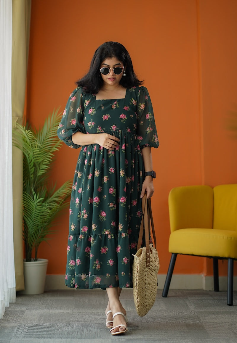 sunburst forest green georgette tier dress