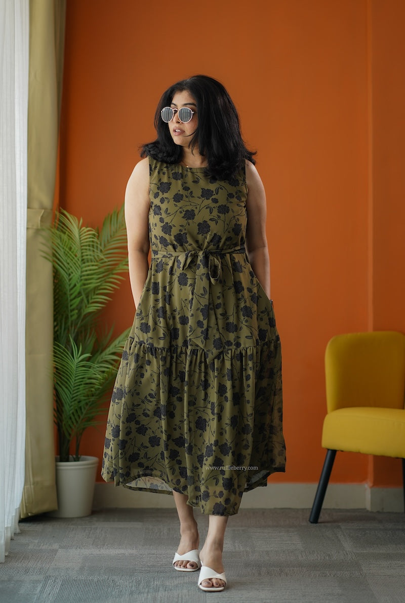 sunburst olive georgette a-line dress