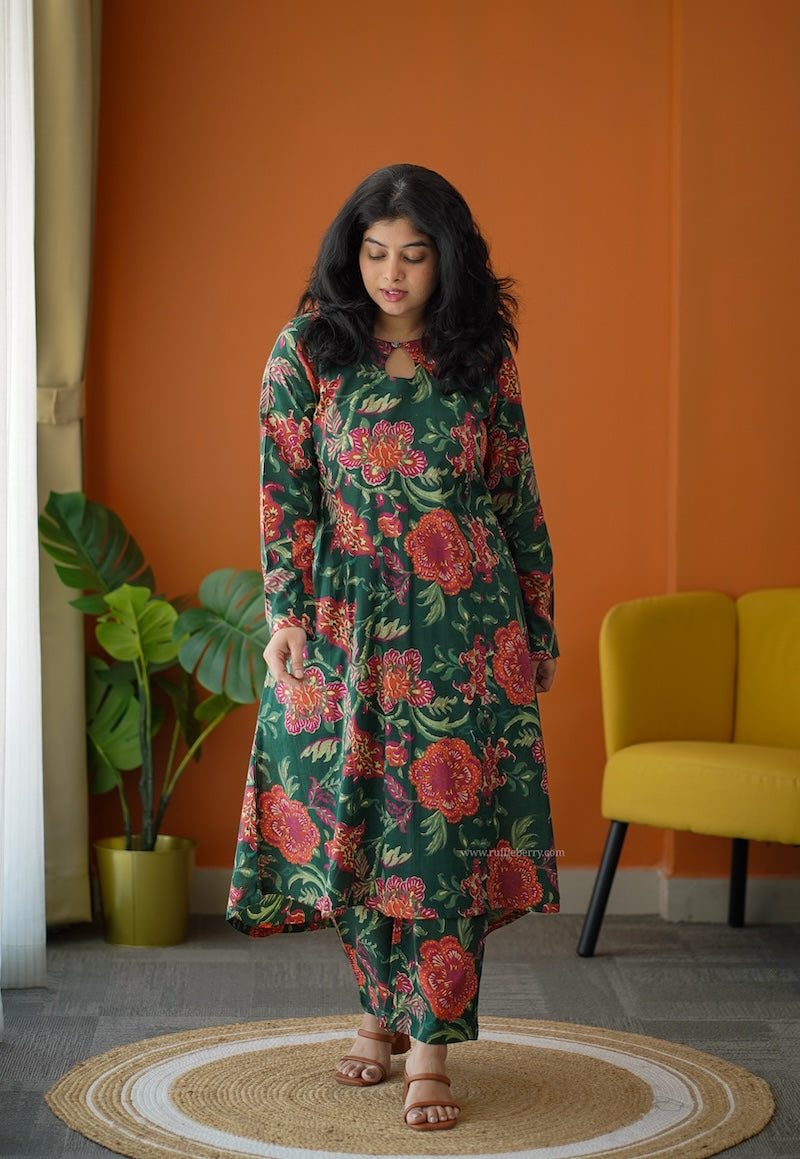 ammayi green floral co-ord set