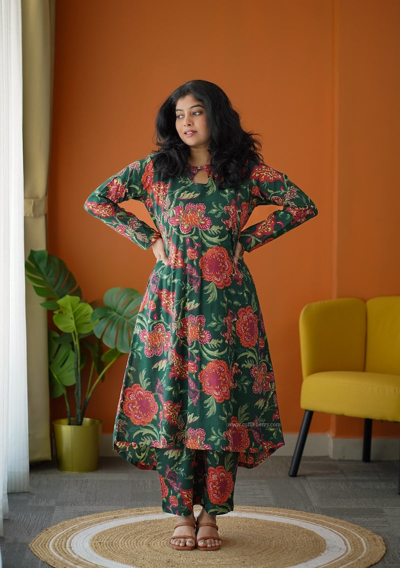 ammayi green floral co-ord set