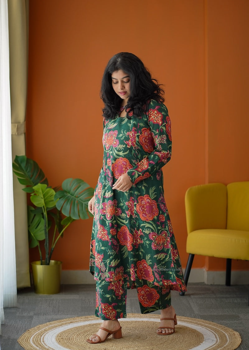 ammayi green floral co-ord set