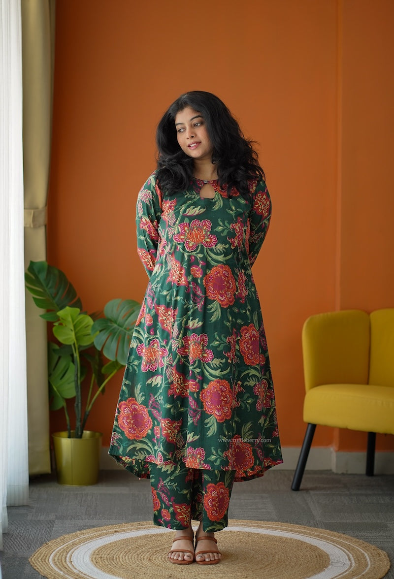 ammayi green floral co-ord set
