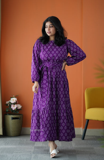 Saavan Purple Cotton Tier Dress