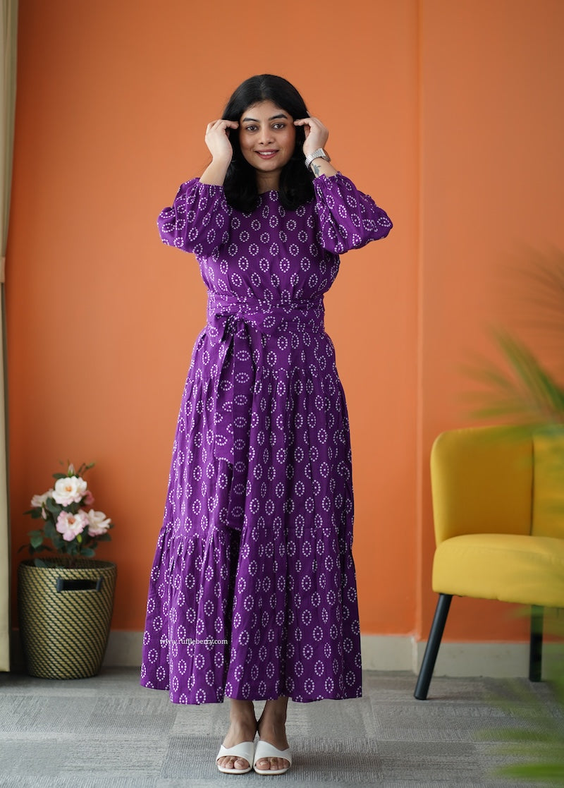 saavan purple cotton tier dress