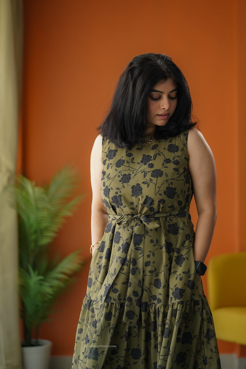sunburst olive georgette a-line dress