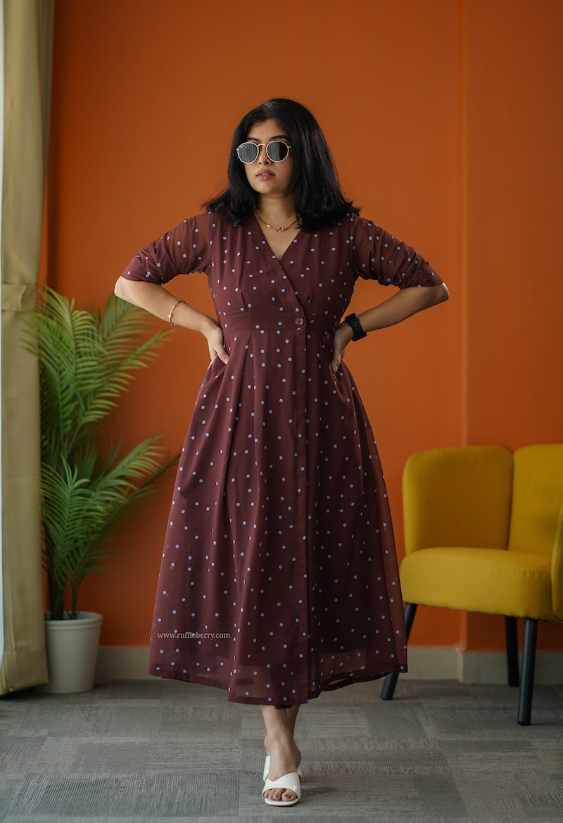 sunburst brown polka georgette button wrap dress