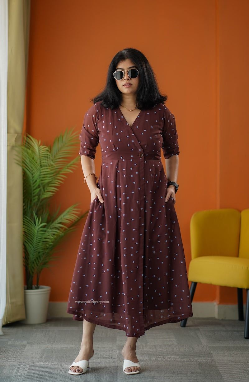 sunburst brown polka georgette button wrap dress