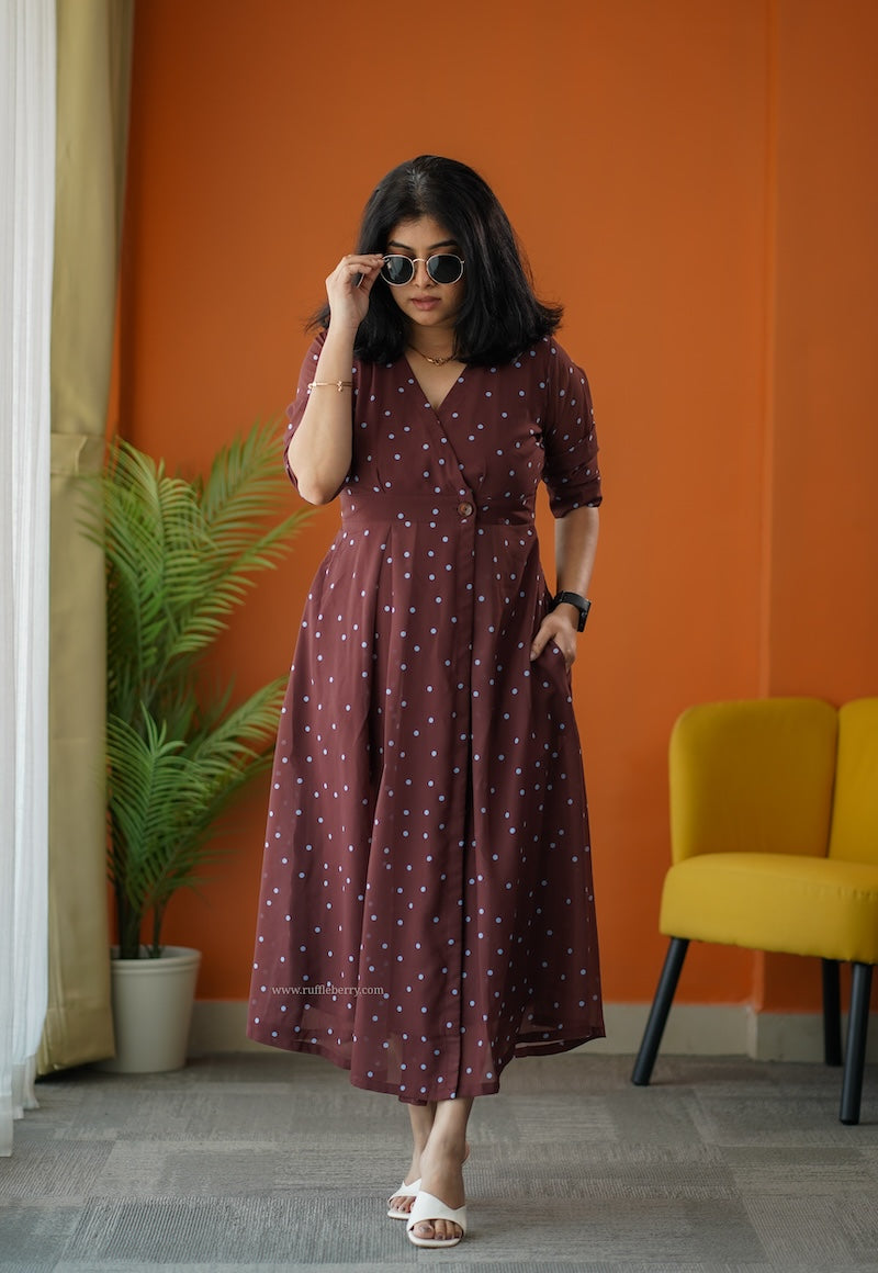 sunburst brown polka georgette button wrap dress